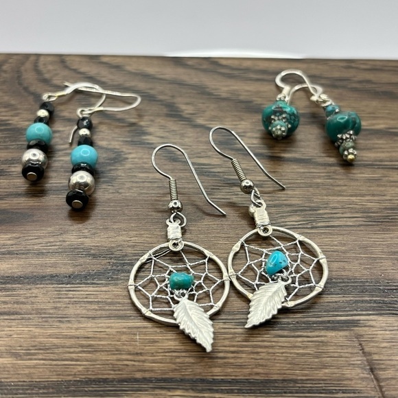 3 Pair | Silver Earrings Silver Tone |Faux  Turquoise|  Dream Catcher Earrings - Picture 2 of 11